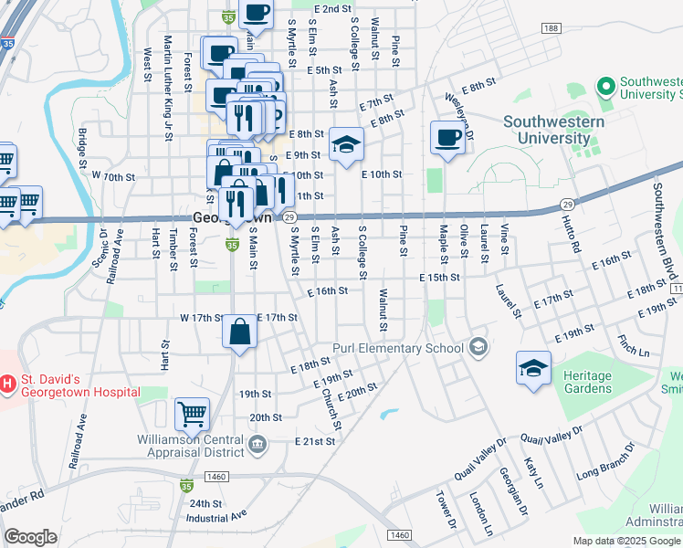 map of restaurants, bars, coffee shops, grocery stores, and more near 1415 Ash Street in Georgetown