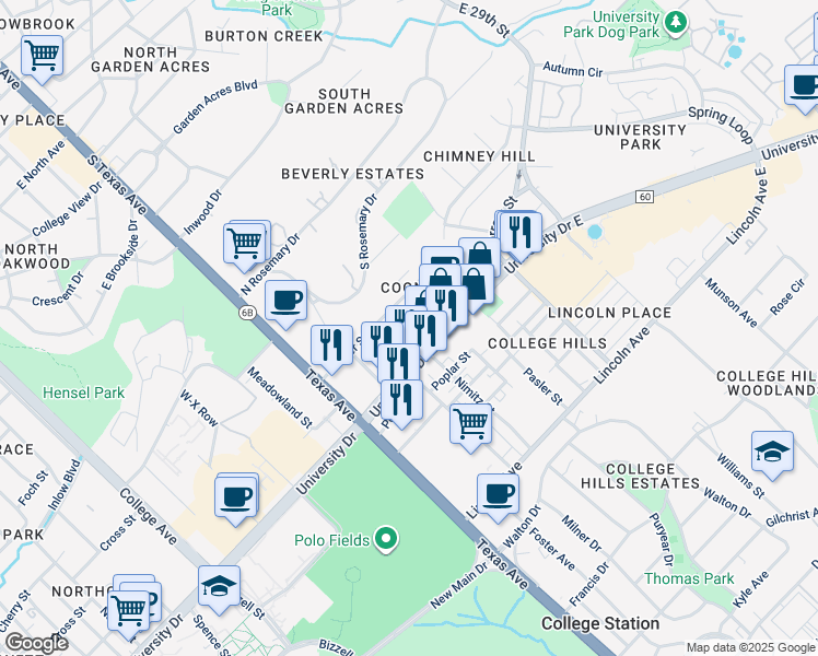 map of restaurants, bars, coffee shops, grocery stores, and more near 402 Macarthur Street in College Station