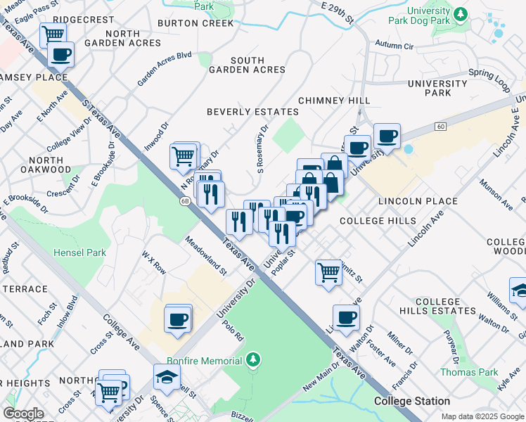 map of restaurants, bars, coffee shops, grocery stores, and more near 307 Cooner Street in College Station
