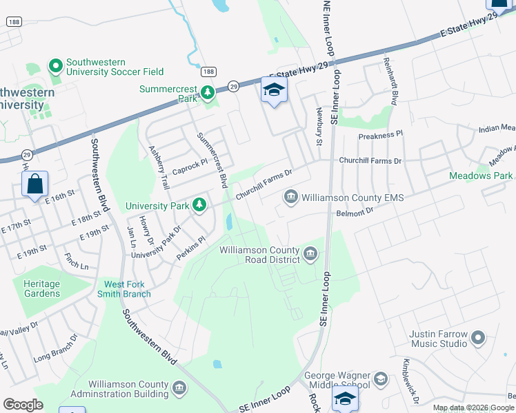 map of restaurants, bars, coffee shops, grocery stores, and more near 2308 Mottey Street in Georgetown