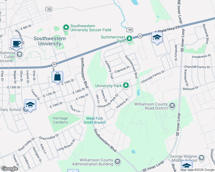 map of restaurants, bars, coffee shops, grocery stores, and more near 1804 Ashberry Trail in Georgetown