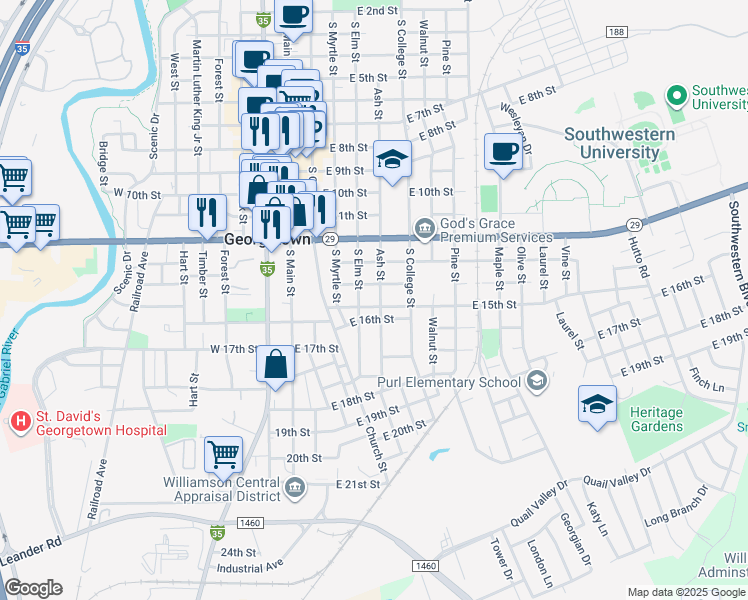 map of restaurants, bars, coffee shops, grocery stores, and more near 1414 Ash Street in Georgetown