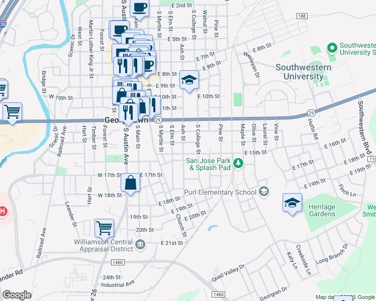 map of restaurants, bars, coffee shops, grocery stores, and more near 1415 Ash Street in Georgetown