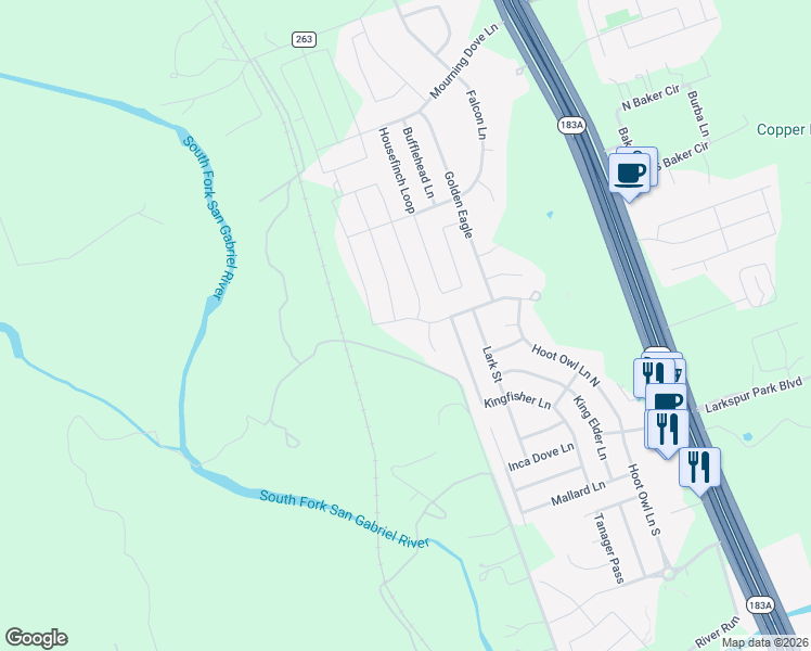 map of restaurants, bars, coffee shops, grocery stores, and more near 701 Hummingbird Lane in Leander