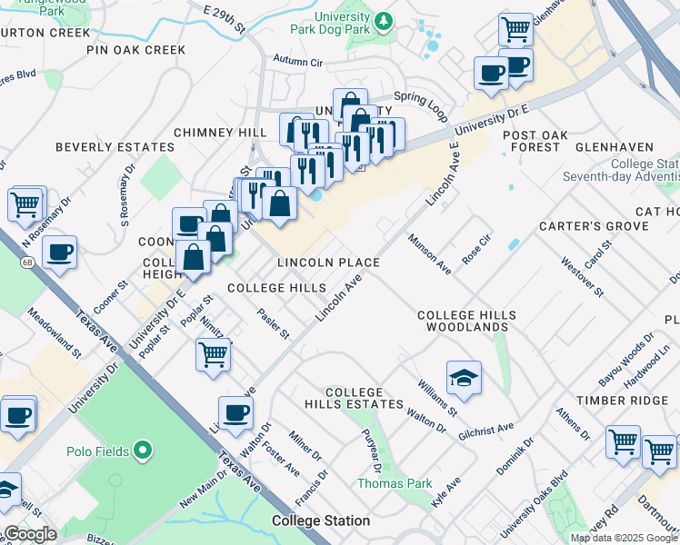 map of restaurants, bars, coffee shops, grocery stores, and more near 716 Vassar Court in College Station