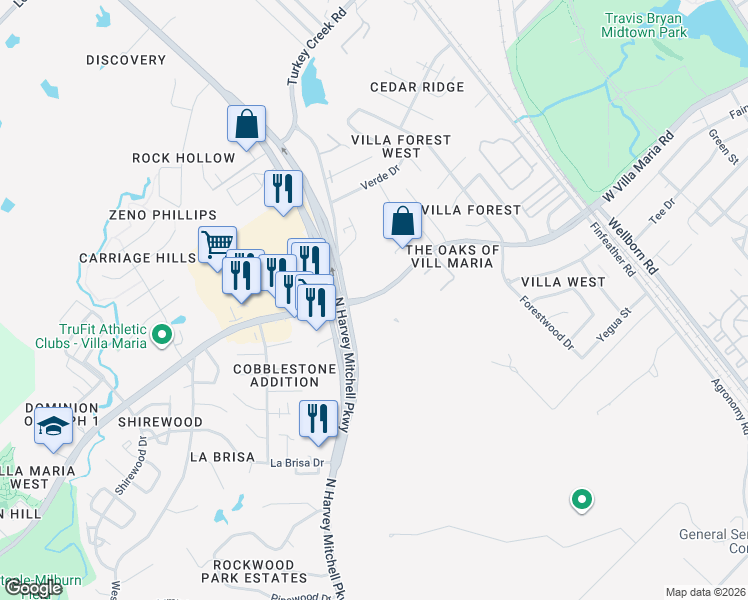 map of restaurants, bars, coffee shops, grocery stores, and more near 1410 West Villa Maria Road in Bryan