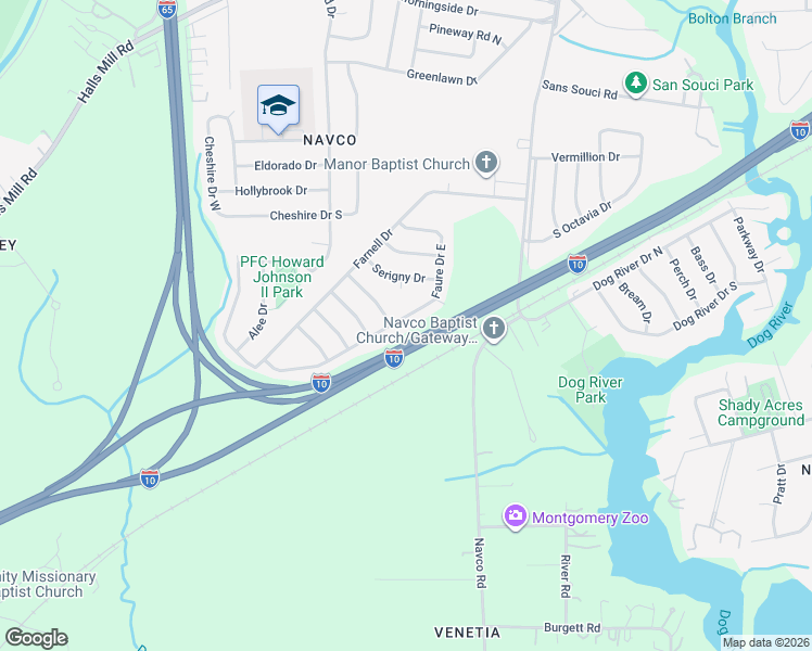 map of restaurants, bars, coffee shops, grocery stores, and more near 2662 Faure Drive East in Mobile