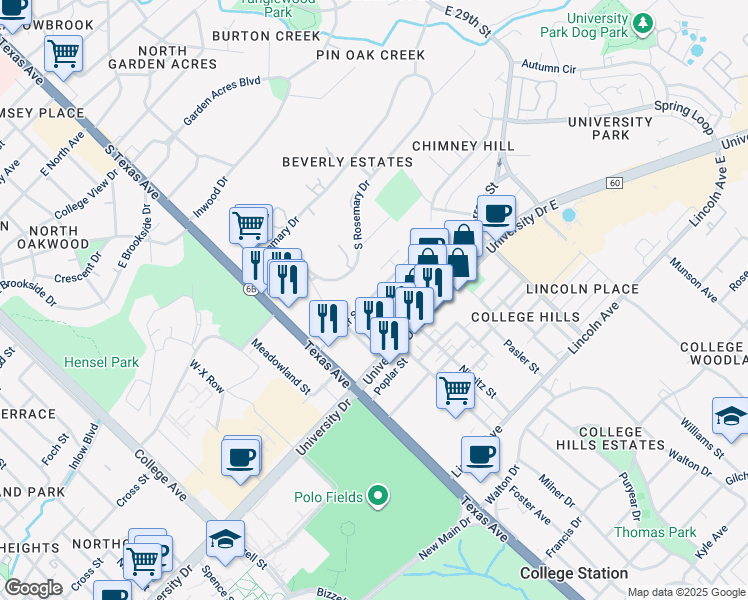 map of restaurants, bars, coffee shops, grocery stores, and more near 307 Cooner Street in College Station