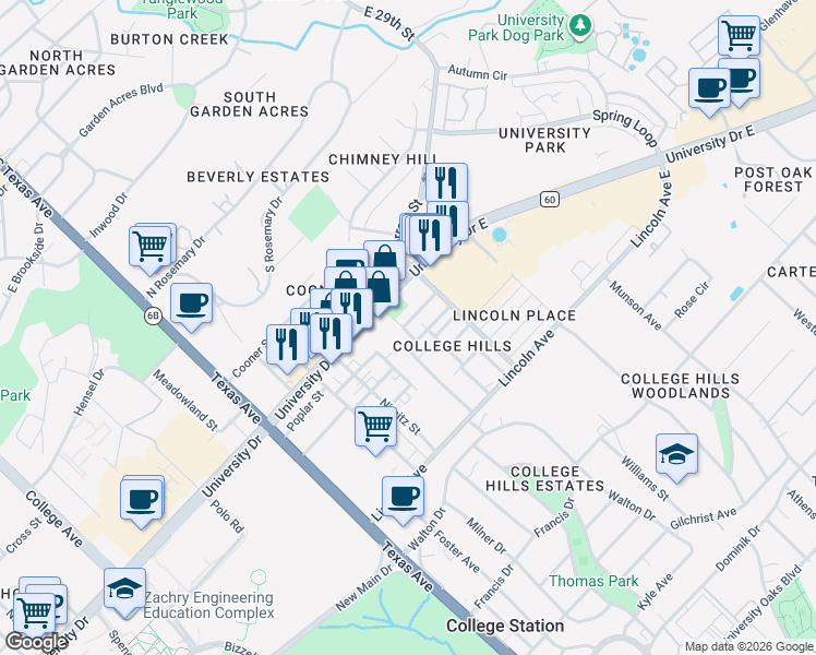map of restaurants, bars, coffee shops, grocery stores, and more near 601 Chappel Street in College Station