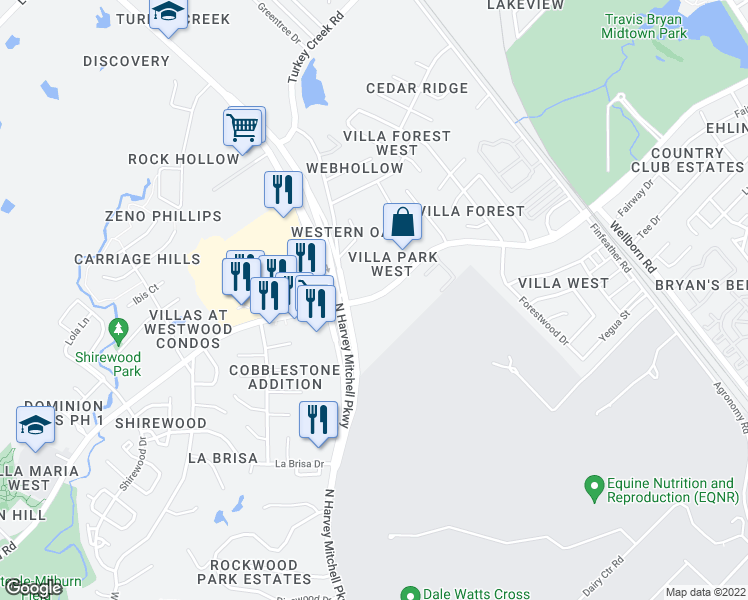 map of restaurants, bars, coffee shops, grocery stores, and more near 1410 West Villa Maria Road in Bryan