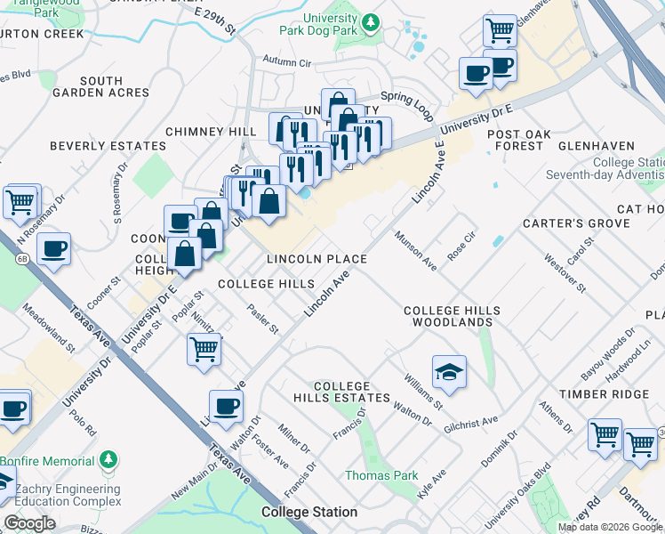 map of restaurants, bars, coffee shops, grocery stores, and more near 716 Vassar Court in College Station