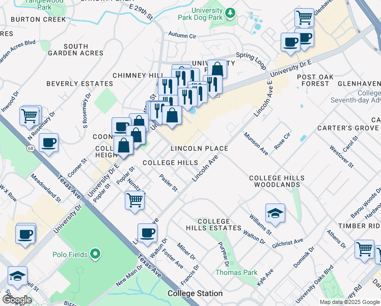 map of restaurants, bars, coffee shops, grocery stores, and more near 708 Wellesley Court in College Station