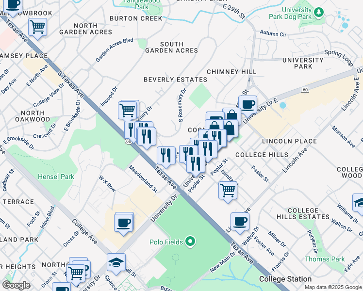map of restaurants, bars, coffee shops, grocery stores, and more near 307 Cooner Street in College Station
