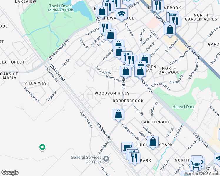 map of restaurants, bars, coffee shops, grocery stores, and more near 3912 Olive Street in Bryan