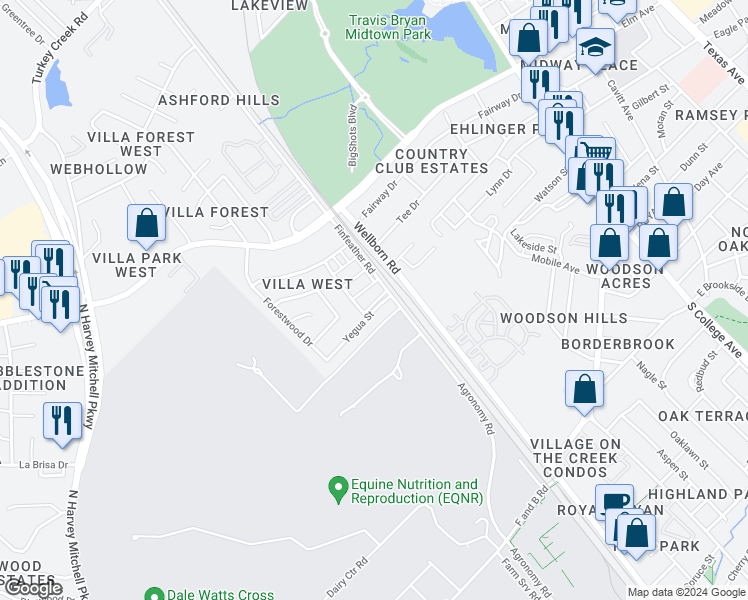 map of restaurants, bars, coffee shops, grocery stores, and more near 3510 Finfeather Road in Bryan