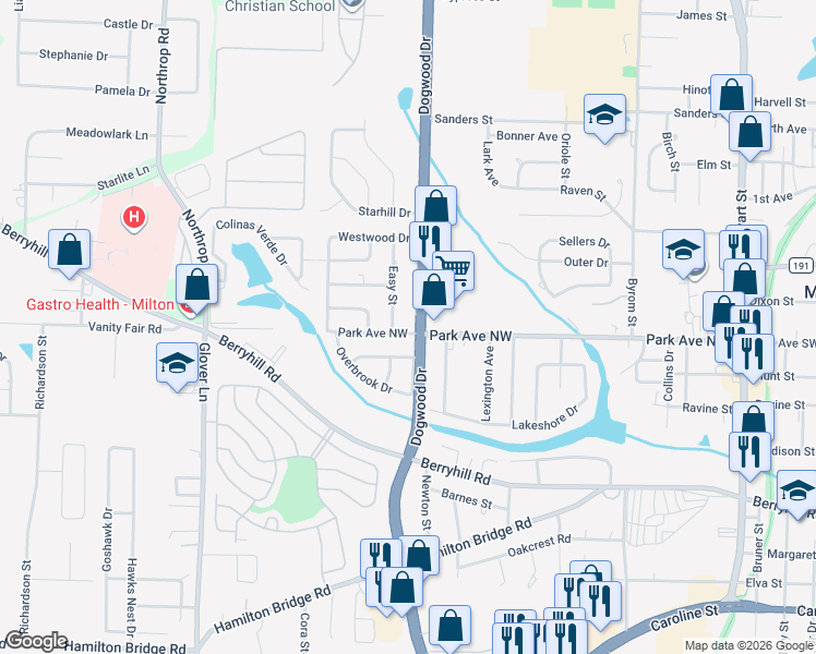 map of restaurants, bars, coffee shops, grocery stores, and more near 5500 Dogwood Dr in Milton