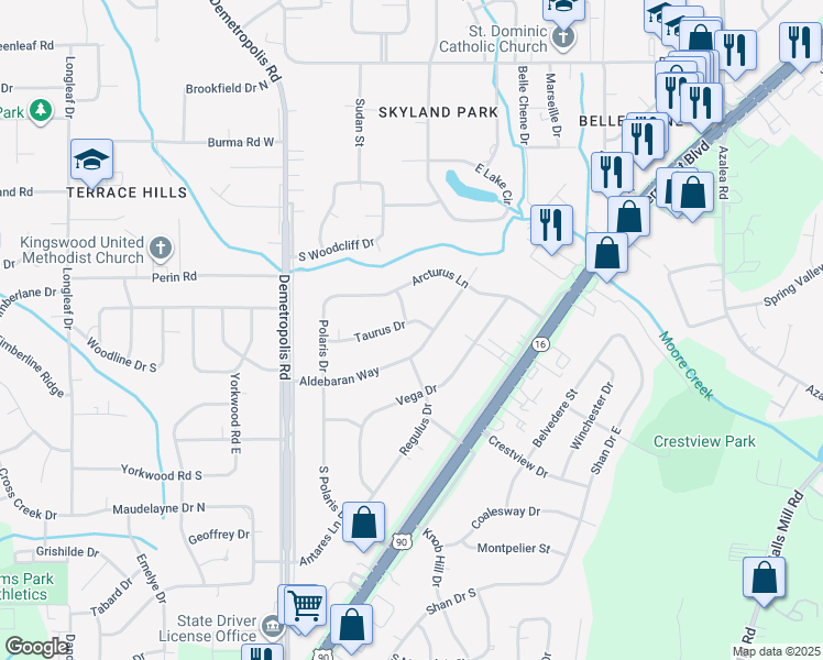 map of restaurants, bars, coffee shops, grocery stores, and more near 4205 Taurus Drive in Mobile