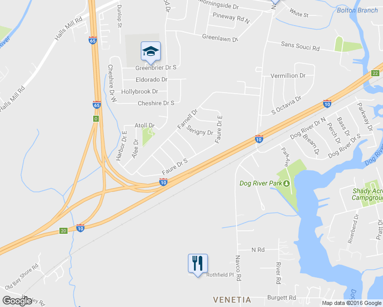 map of restaurants, bars, coffee shops, grocery stores, and more near 2664 S Faure Dr in Mobile