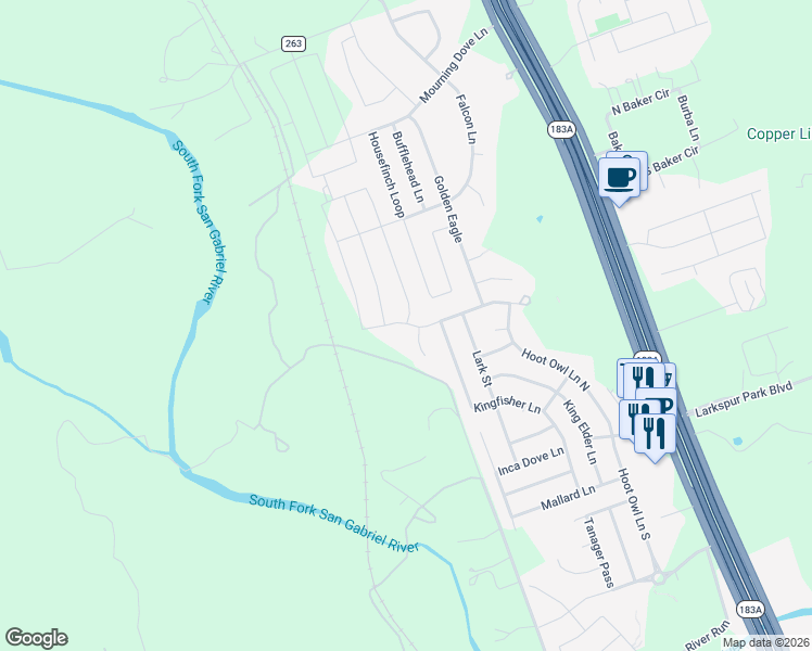 map of restaurants, bars, coffee shops, grocery stores, and more near 701 Hummingbird Lane in Leander