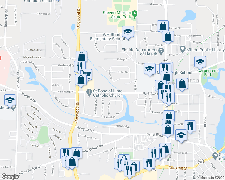 map of restaurants, bars, coffee shops, grocery stores, and more near 6522 Park Avenue in Milton