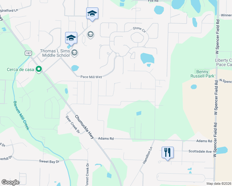 map of restaurants, bars, coffee shops, grocery stores, and more near 3901 Redbud Lane in Pace
