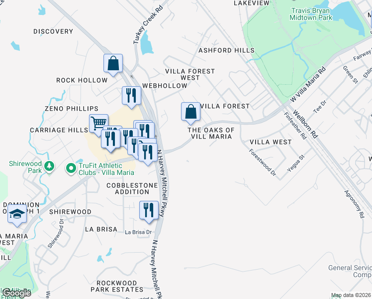 map of restaurants, bars, coffee shops, grocery stores, and more near 1425 West Villa Maria Road in Bryan