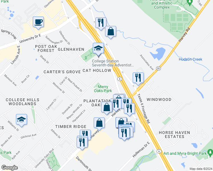 map of restaurants, bars, coffee shops, grocery stores, and more near 1404 Tara Court in College Station
