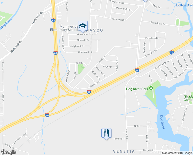 map of restaurants, bars, coffee shops, grocery stores, and more near 1610 Cadillac Drive in Mobile