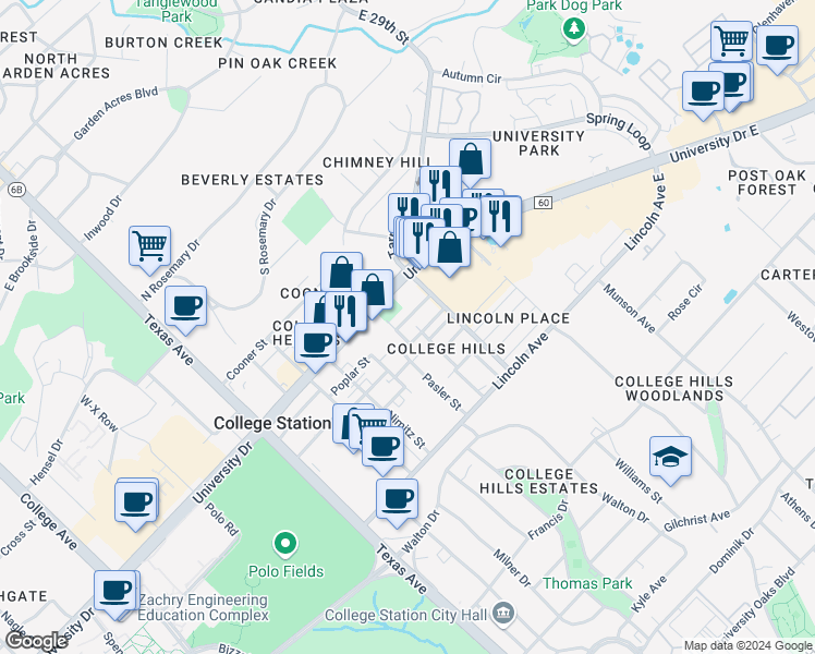 map of restaurants, bars, coffee shops, grocery stores, and more near 600 Peyton Street in College Station