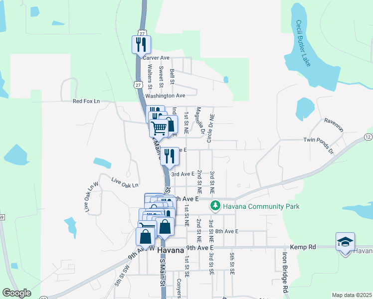 map of restaurants, bars, coffee shops, grocery stores, and more near 801 1st Street Northeast in Havana
