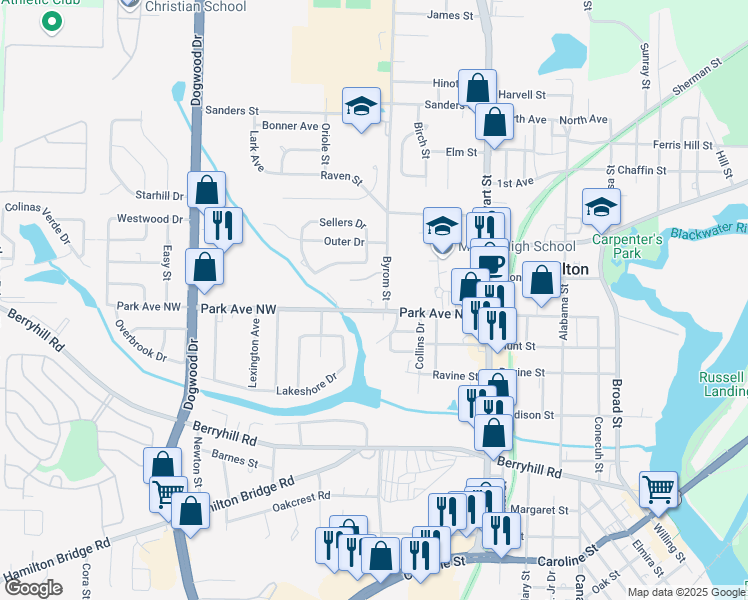 map of restaurants, bars, coffee shops, grocery stores, and more near 6598 Park Avenue Northwest in Milton