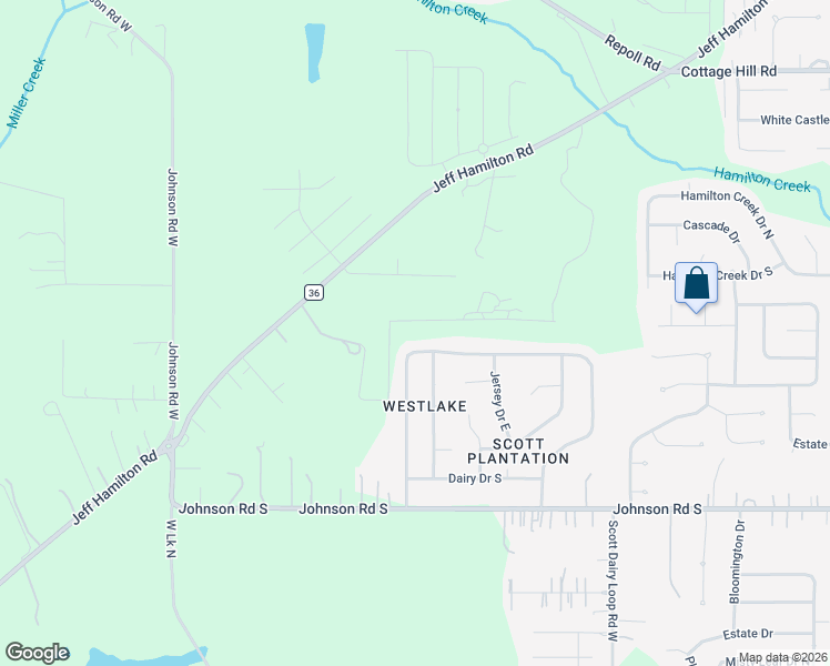 map of restaurants, bars, coffee shops, grocery stores, and more near 10204 Plantation Drive West in Mobile