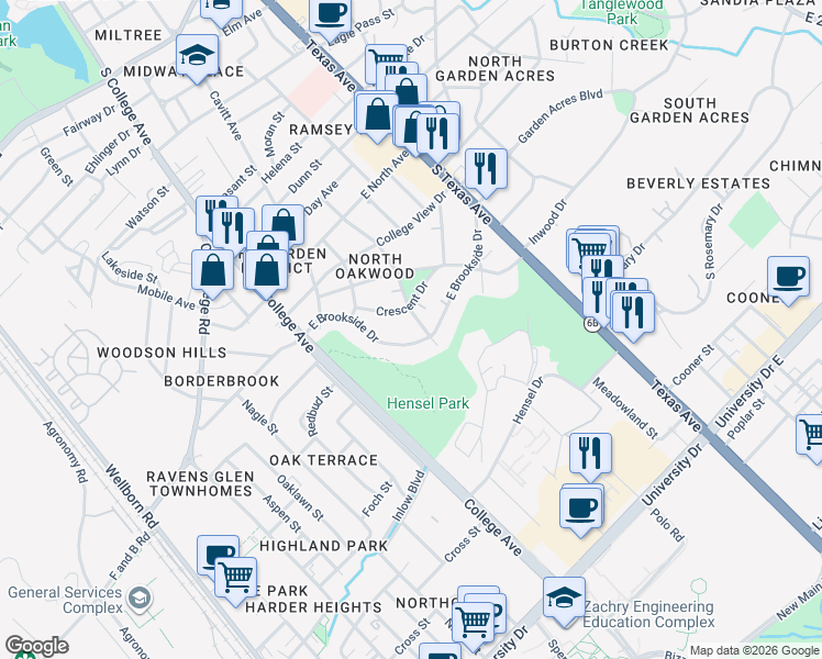 map of restaurants, bars, coffee shops, grocery stores, and more near 314 East Brookside Drive in Bryan