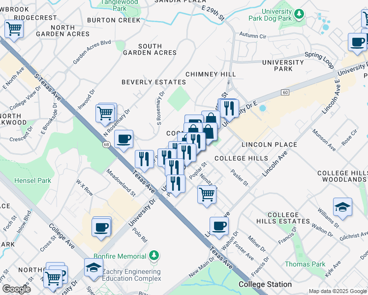 map of restaurants, bars, coffee shops, grocery stores, and more near 402 Macarthur Street in College Station