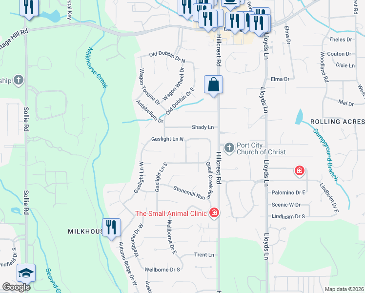 map of restaurants, bars, coffee shops, grocery stores, and more near 6501 Gaslight Ln N in Mobile