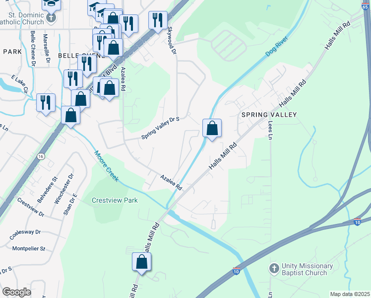 map of restaurants, bars, coffee shops, grocery stores, and more near 1417 Azalea Road in Mobile