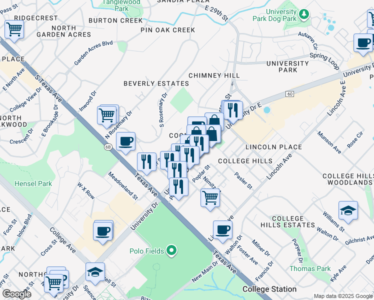 map of restaurants, bars, coffee shops, grocery stores, and more near 402 Macarthur Street in College Station