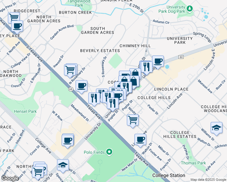 map of restaurants, bars, coffee shops, grocery stores, and more near 402 Macarthur Street in College Station