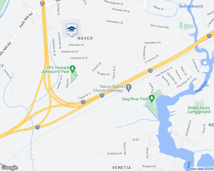 map of restaurants, bars, coffee shops, grocery stores, and more near 2661 Faure Drive South in Mobile