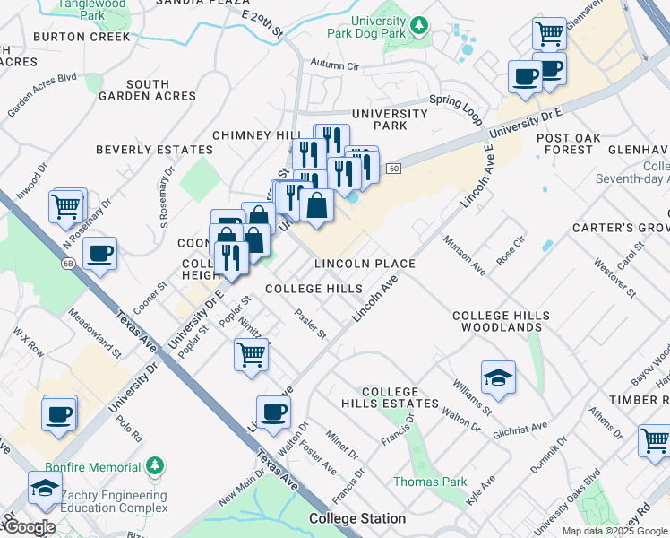 map of restaurants, bars, coffee shops, grocery stores, and more near 702 University Drive East in College Station