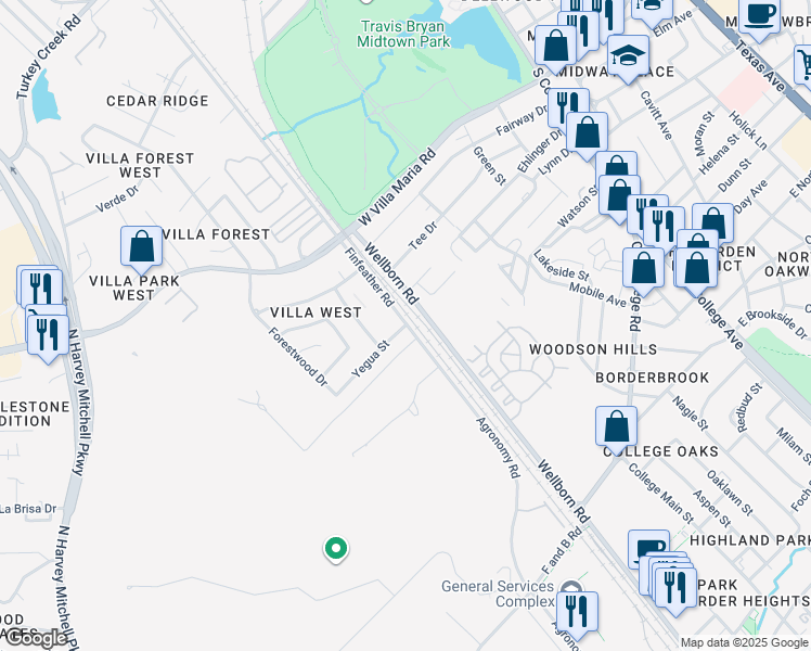 map of restaurants, bars, coffee shops, grocery stores, and more near 205 Wellborn Road in Bryan