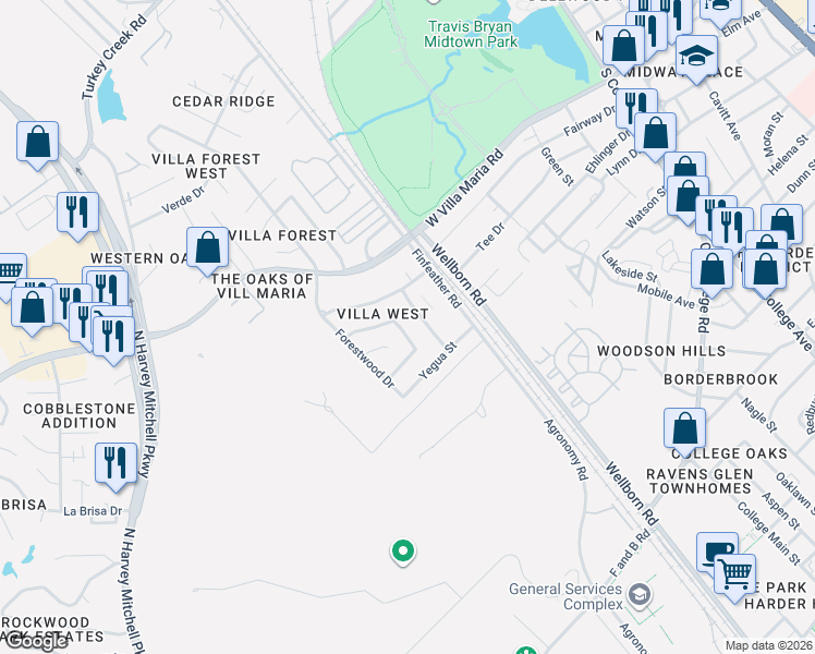 map of restaurants, bars, coffee shops, grocery stores, and more near 3412 Leon Street in Bryan