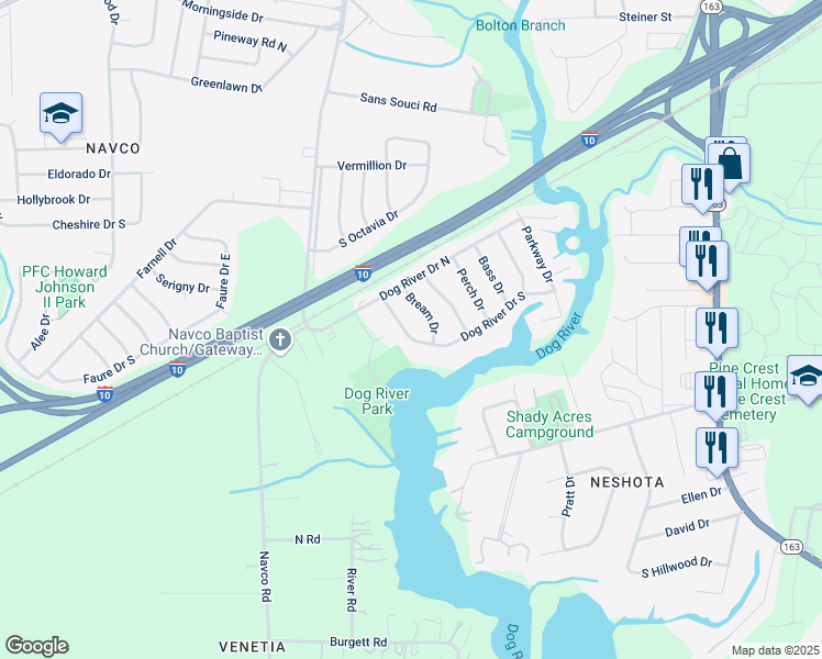 map of restaurants, bars, coffee shops, grocery stores, and more near 1713 Dog River Drive West in Mobile
