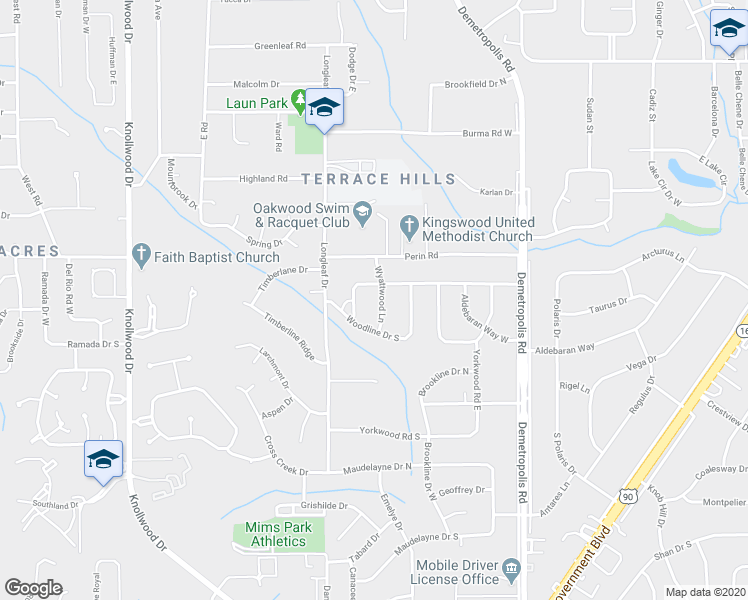 map of restaurants, bars, coffee shops, grocery stores, and more near 2854 Wyattwood Lane in Mobile