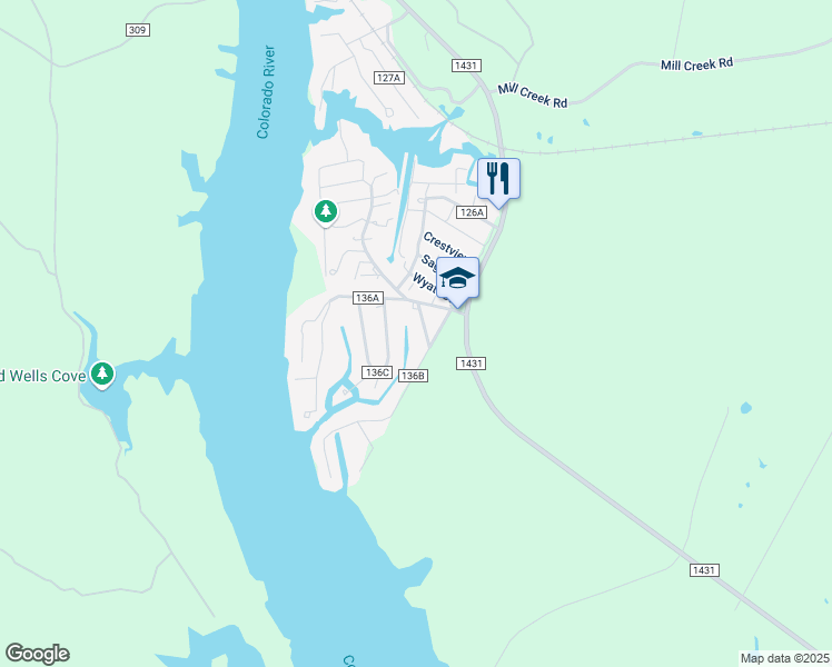 map of restaurants, bars, coffee shops, grocery stores, and more near 116 Highline Cutoff in Kingsland