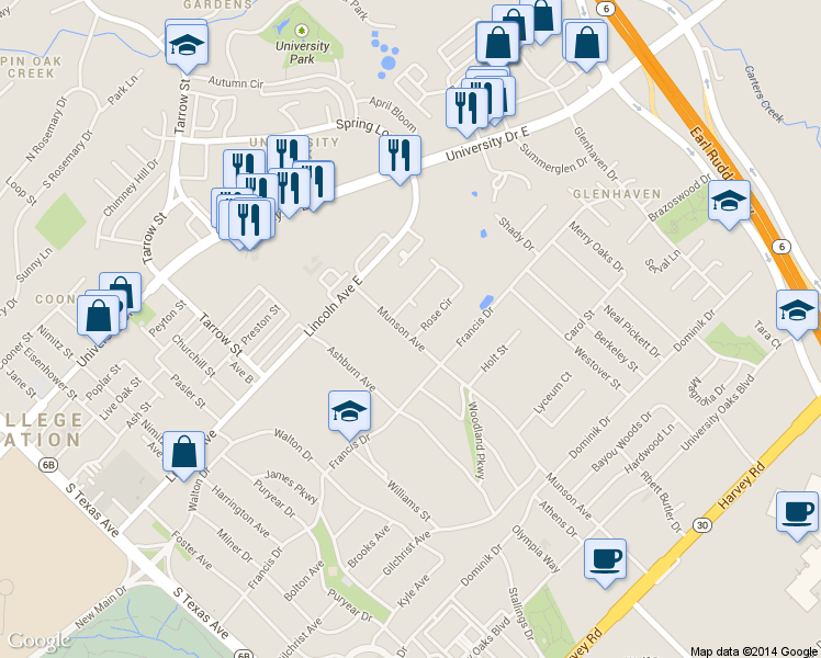 map of restaurants, bars, coffee shops, grocery stores, and more near 1001 Rose Circle in College Station