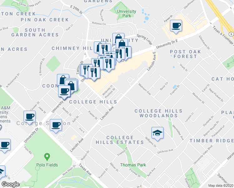 map of restaurants, bars, coffee shops, grocery stores, and more near 716 Vassar Court in College Station