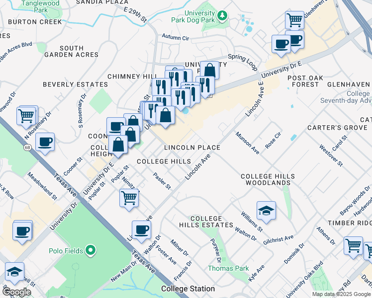 map of restaurants, bars, coffee shops, grocery stores, and more near 708 Wellesley Court in College Station