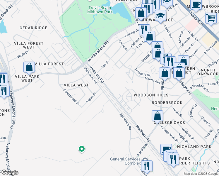 map of restaurants, bars, coffee shops, grocery stores, and more near 205 Wellborn Road in Bryan