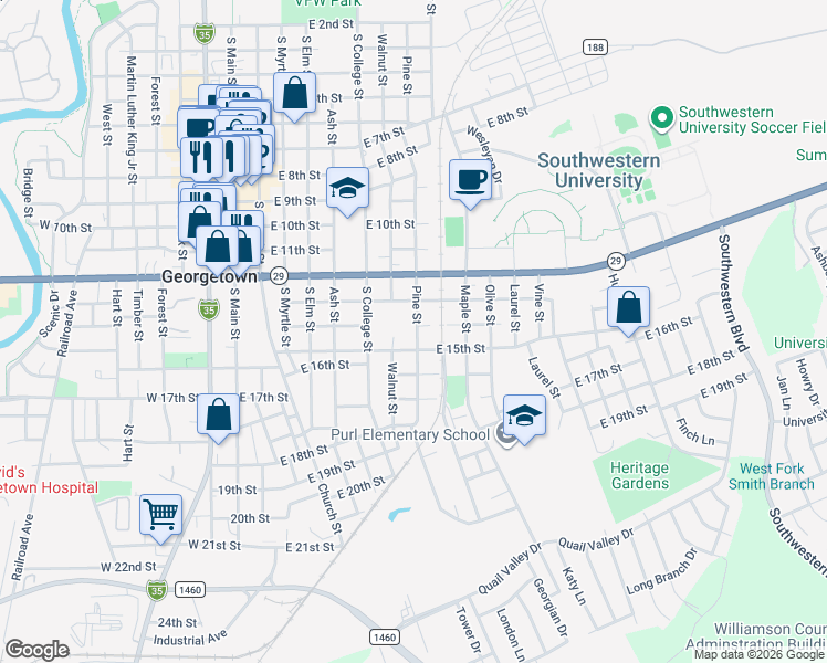 map of restaurants, bars, coffee shops, grocery stores, and more near 1401 Pine Street in Georgetown